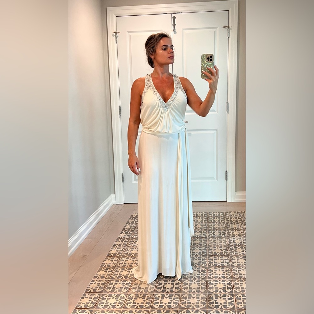 BCBG off-white gown with rhinestone deep cleavage